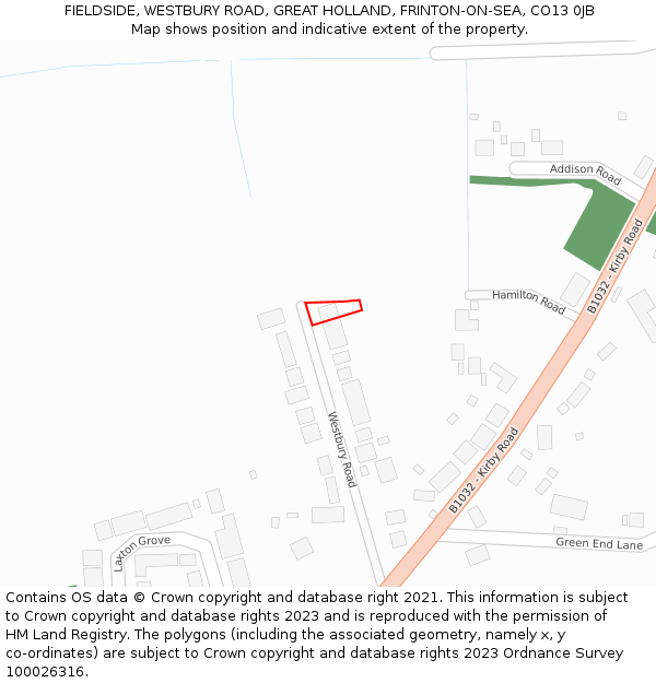FIELDSIDE, WESTBURY ROAD, GREAT HOLLAND, FRINTON-ON-SEA, CO13 0JB: Location map and indicative extent of plot