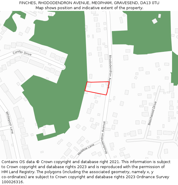 FINCHES, RHODODENDRON AVENUE, MEOPHAM, GRAVESEND, DA13 0TU: Location map and indicative extent of plot