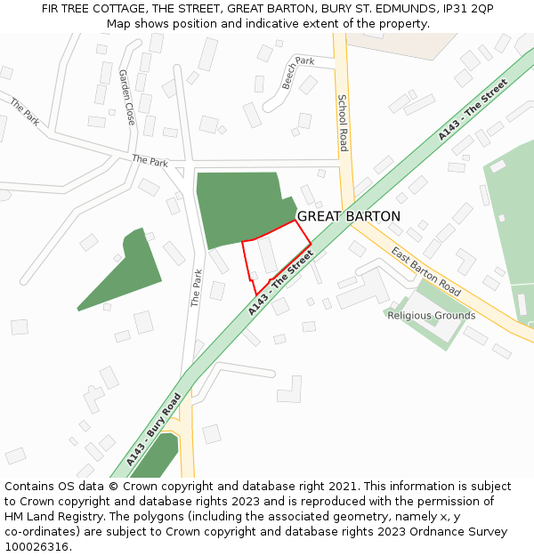 FIR TREE COTTAGE, THE STREET, GREAT BARTON, BURY ST. EDMUNDS, IP31 2QP: Location map and indicative extent of plot
