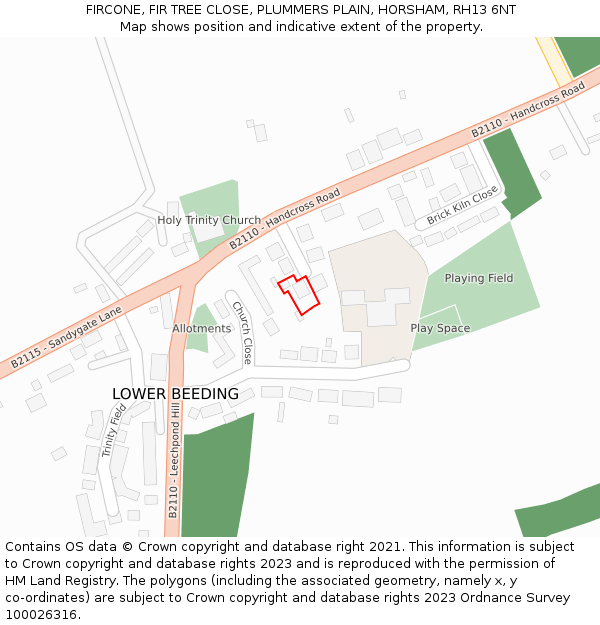 FIRCONE, FIR TREE CLOSE, PLUMMERS PLAIN, HORSHAM, RH13 6NT: Location map and indicative extent of plot