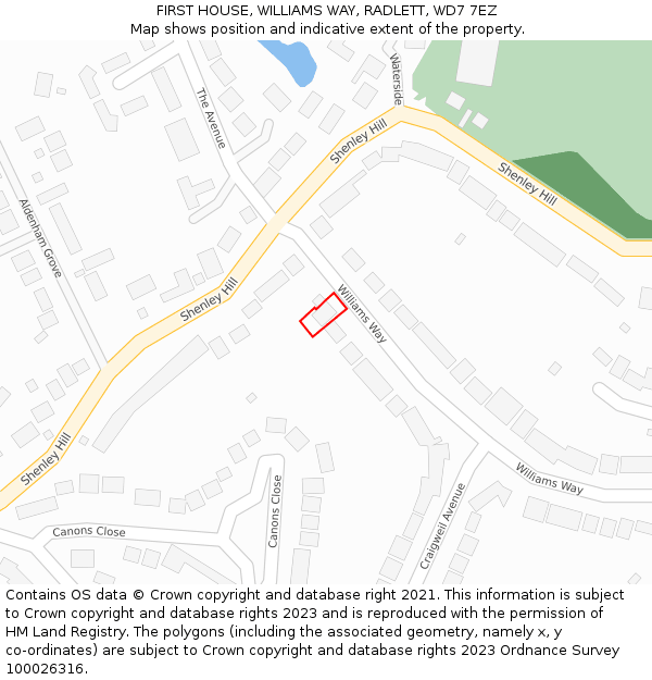 FIRST HOUSE, WILLIAMS WAY, RADLETT, WD7 7EZ: Location map and indicative extent of plot