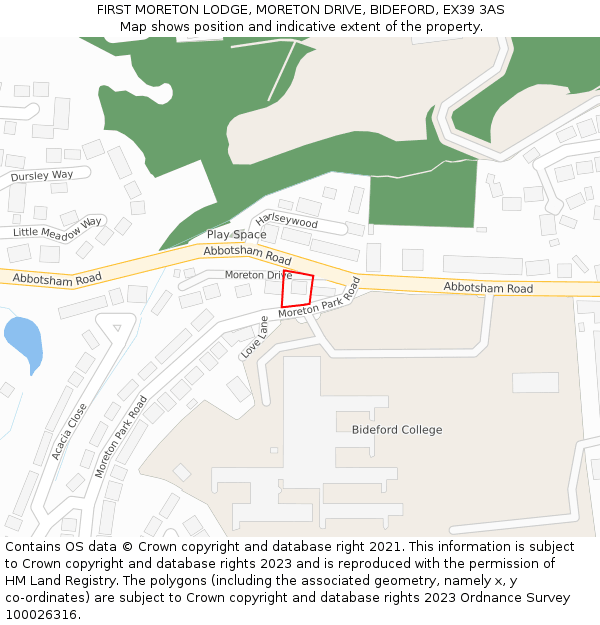 FIRST MORETON LODGE, MORETON DRIVE, BIDEFORD, EX39 3AS: Location map and indicative extent of plot