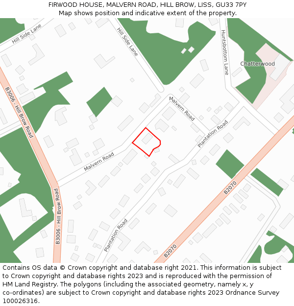 FIRWOOD HOUSE, MALVERN ROAD, HILL BROW, LISS, GU33 7PY: Location map and indicative extent of plot