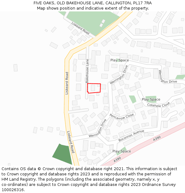FIVE OAKS, OLD BAKEHOUSE LANE, CALLINGTON, PL17 7RA: Location map and indicative extent of plot