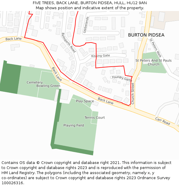 FIVE TREES, BACK LANE, BURTON PIDSEA, HULL, HU12 9AN: Location map and indicative extent of plot
