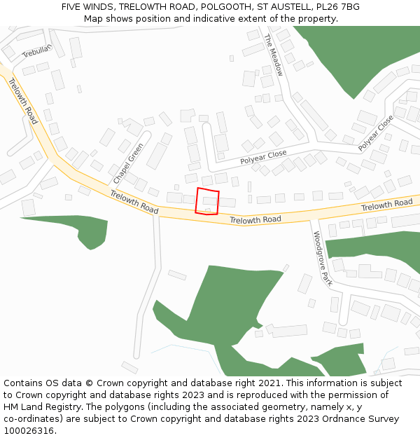 FIVE WINDS, TRELOWTH ROAD, POLGOOTH, ST AUSTELL, PL26 7BG: Location map and indicative extent of plot