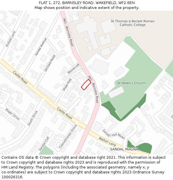 FLAT 1, 272, BARNSLEY ROAD, WAKEFIELD, WF2 6EN: Location map and indicative extent of plot