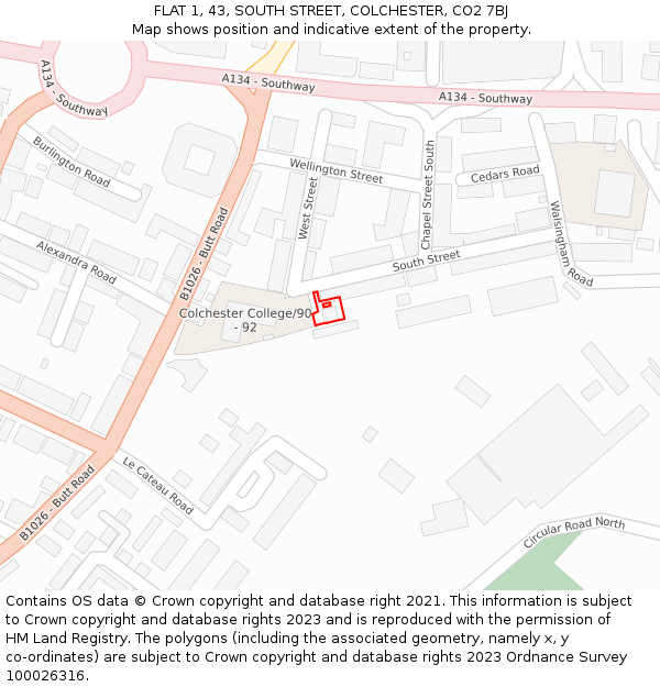 FLAT 1, 43, SOUTH STREET, COLCHESTER, CO2 7BJ: Location map and indicative extent of plot