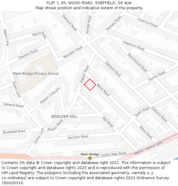 FLAT 1, 95, WOOD ROAD, SHEFFIELD, S6 4LW: Location map and indicative extent of plot