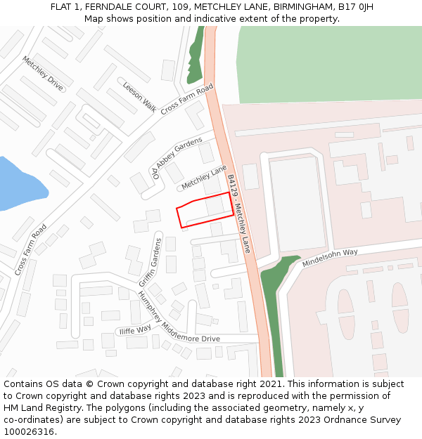 FLAT 1, FERNDALE COURT, 109, METCHLEY LANE, BIRMINGHAM, B17 0JH: Location map and indicative extent of plot