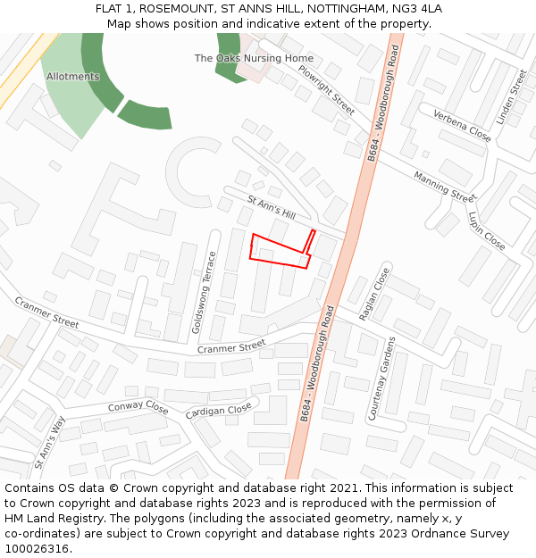 FLAT 1, ROSEMOUNT, ST ANNS HILL, NOTTINGHAM, NG3 4LA: Location map and indicative extent of plot