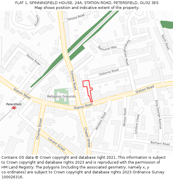 FLAT 1, SPINNINGFIELD HOUSE, 24A, STATION ROAD, PETERSFIELD, GU32 3ES: Location map and indicative extent of plot