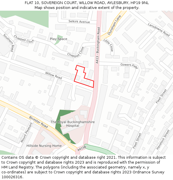 FLAT 10, SOVEREIGN COURT, WILLOW ROAD, AYLESBURY, HP19 9NL: Location map and indicative extent of plot