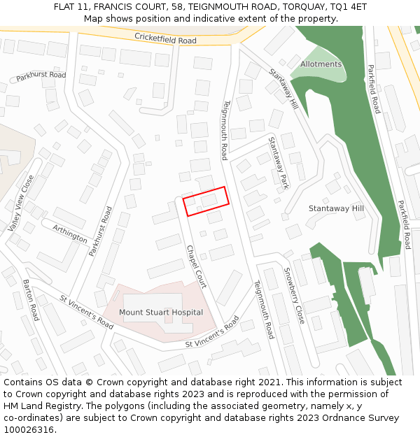 FLAT 11, FRANCIS COURT, 58, TEIGNMOUTH ROAD, TORQUAY, TQ1 4ET: Location map and indicative extent of plot