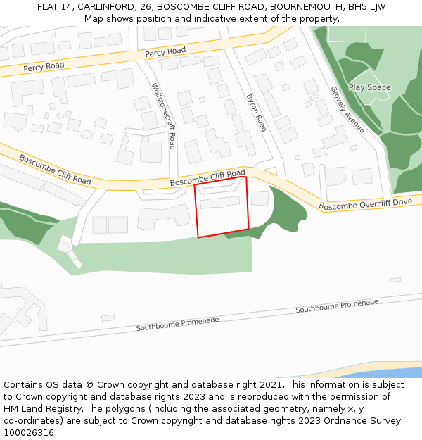 FLAT 14, CARLINFORD, 26, BOSCOMBE CLIFF ROAD, BOURNEMOUTH, BH5 1JW: Location map and indicative extent of plot
