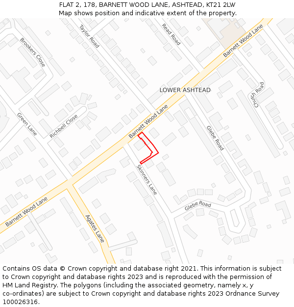 FLAT 2, 178, BARNETT WOOD LANE, ASHTEAD, KT21 2LW: Location map and indicative extent of plot