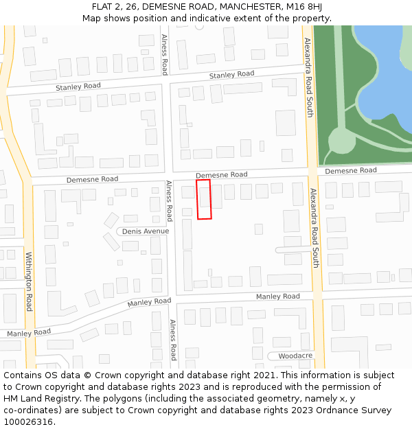 FLAT 2, 26, DEMESNE ROAD, MANCHESTER, M16 8HJ: Location map and indicative extent of plot