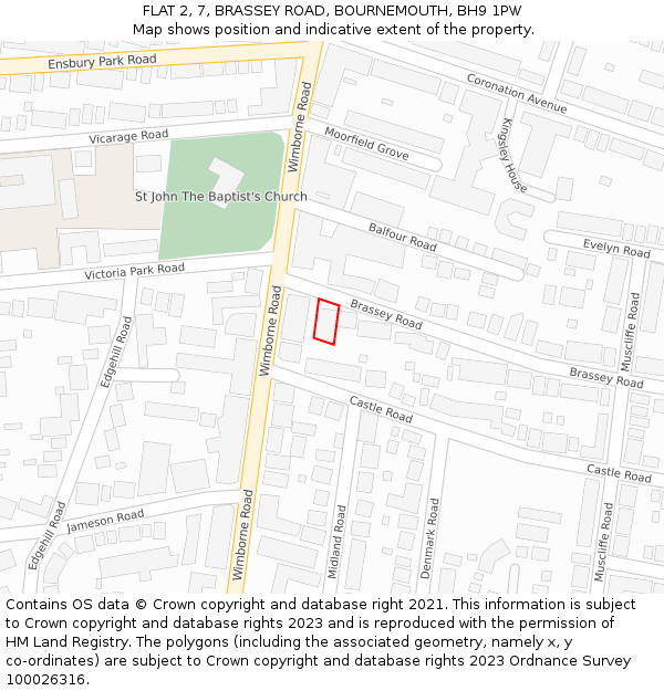 FLAT 2, 7, BRASSEY ROAD, BOURNEMOUTH, BH9 1PW: Location map and indicative extent of plot