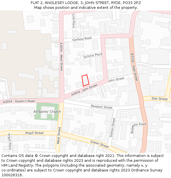 FLAT 2, ANGLESEY LODGE, 3, JOHN STREET, RYDE, PO33 2PZ: Location map and indicative extent of plot