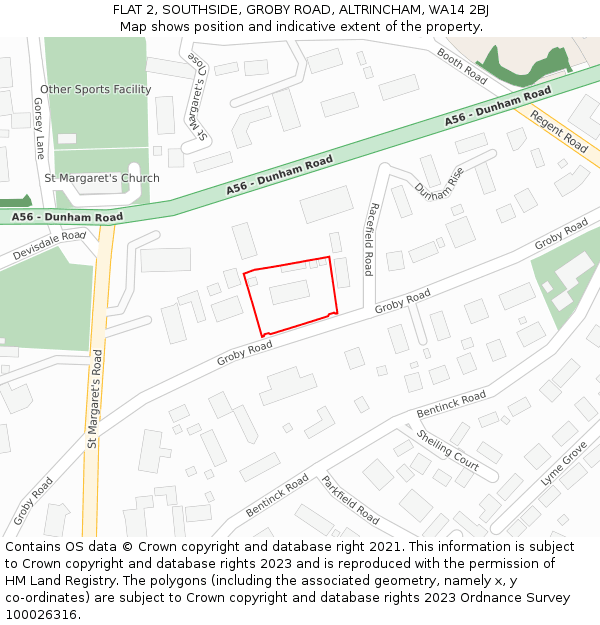 FLAT 2, SOUTHSIDE, GROBY ROAD, ALTRINCHAM, WA14 2BJ: Location map and indicative extent of plot