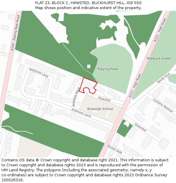 FLAT 23, BLOCK C, HAWSTED, BUCKHURST HILL, IG9 5SS: Location map and indicative extent of plot