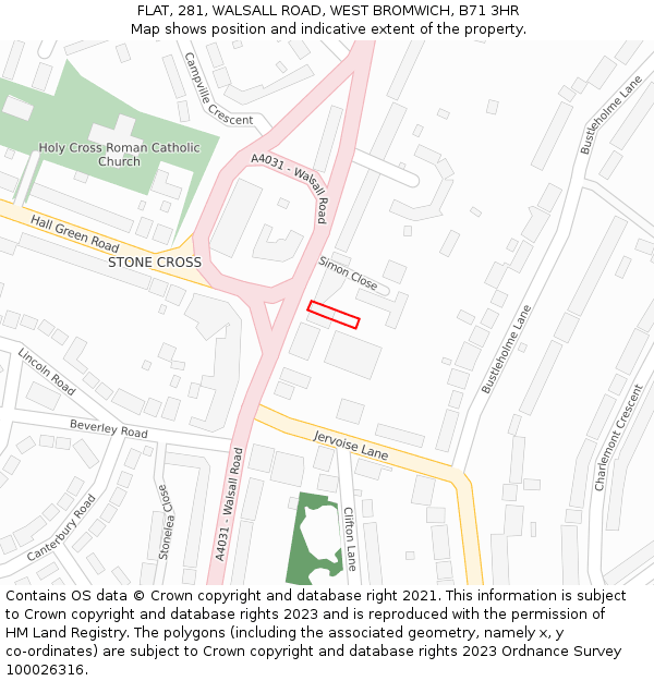 FLAT, 281, WALSALL ROAD, WEST BROMWICH, B71 3HR: Location map and indicative extent of plot