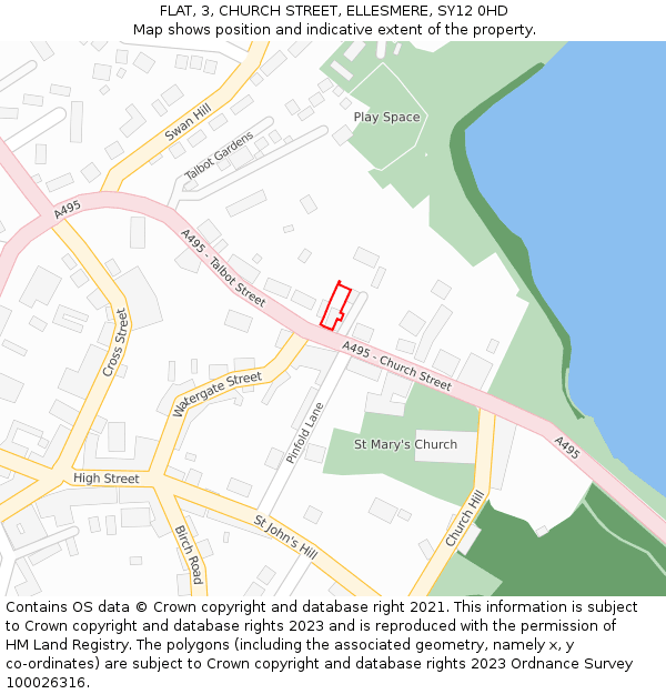 FLAT, 3, CHURCH STREET, ELLESMERE, SY12 0HD: Location map and indicative extent of plot