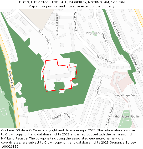 FLAT 3, THE VICTOR, HINE HALL, MAPPERLEY, NOTTINGHAM, NG3 5PN: Location map and indicative extent of plot