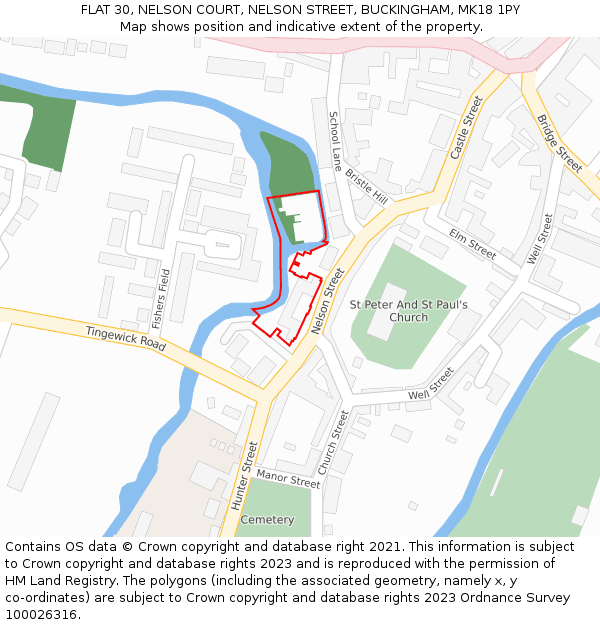 FLAT 30, NELSON COURT, NELSON STREET, BUCKINGHAM, MK18 1PY: Location map and indicative extent of plot