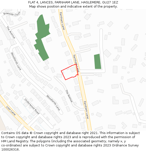 FLAT 4, LANCES, FARNHAM LANE, HASLEMERE, GU27 1EZ: Location map and indicative extent of plot