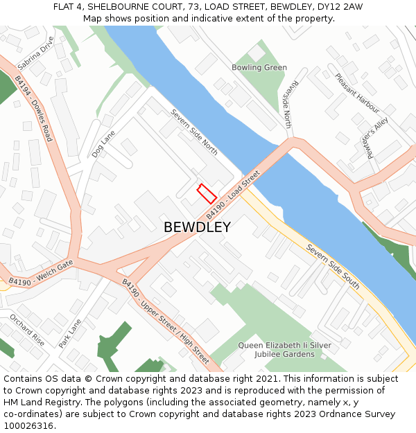 FLAT 4, SHELBOURNE COURT, 73, LOAD STREET, BEWDLEY, DY12 2AW: Location map and indicative extent of plot