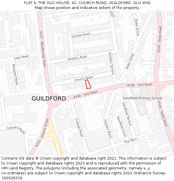 FLAT 4, THE OLD HOUSE, 42, CHURCH ROAD, GUILDFORD, GU1 4NQ: Location map and indicative extent of plot