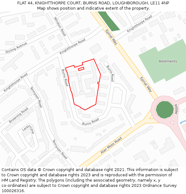 FLAT 44, KNIGHTTHORPE COURT, BURNS ROAD, LOUGHBOROUGH, LE11 4NP: Location map and indicative extent of plot