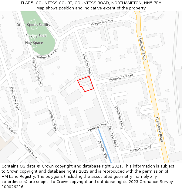 FLAT 5, COUNTESS COURT, COUNTESS ROAD, NORTHAMPTON, NN5 7EA: Location map and indicative extent of plot