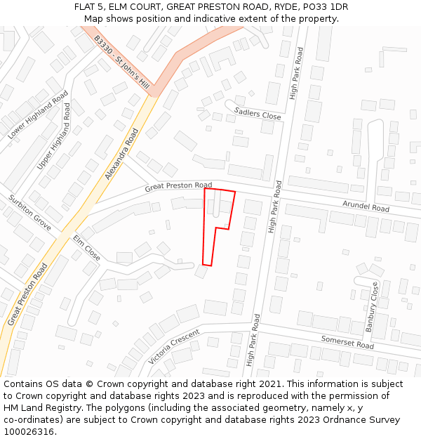 FLAT 5, ELM COURT, GREAT PRESTON ROAD, RYDE, PO33 1DR: Location map and indicative extent of plot