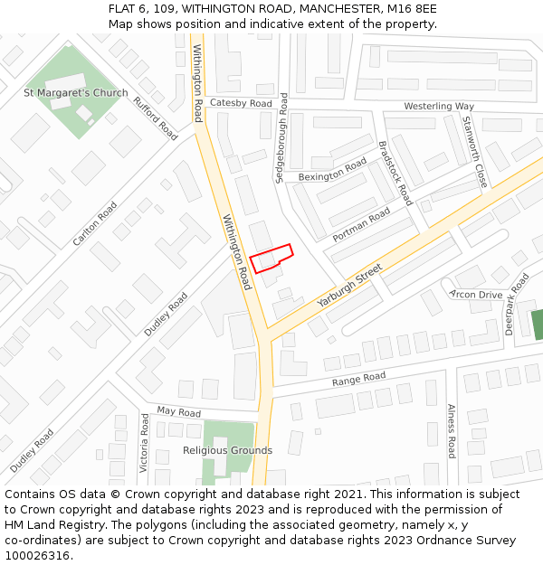 FLAT 6, 109, WITHINGTON ROAD, MANCHESTER, M16 8EE: Location map and indicative extent of plot