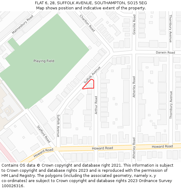 FLAT 6, 28, SUFFOLK AVENUE, SOUTHAMPTON, SO15 5EG: Location map and indicative extent of plot