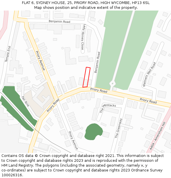 FLAT 6, SYDNEY HOUSE, 25, PRIORY ROAD, HIGH WYCOMBE, HP13 6SL: Location map and indicative extent of plot