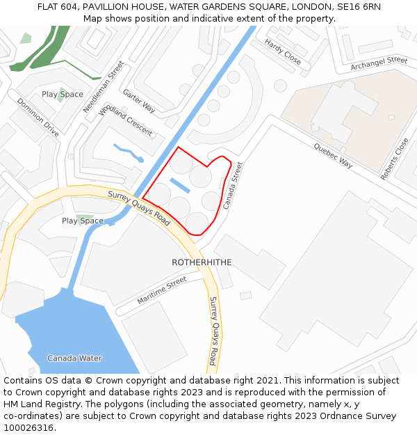 FLAT 604, PAVILLION HOUSE, WATER GARDENS SQUARE, LONDON, SE16 6RN: Location map and indicative extent of plot
