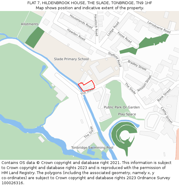 FLAT 7, HILDENBROOK HOUSE, THE SLADE, TONBRIDGE, TN9 1HF: Location map and indicative extent of plot