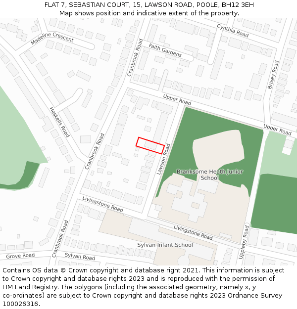 FLAT 7, SEBASTIAN COURT, 15, LAWSON ROAD, POOLE, BH12 3EH: Location map and indicative extent of plot