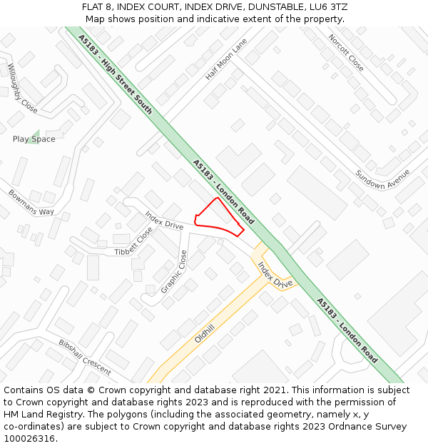 FLAT 8, INDEX COURT, INDEX DRIVE, DUNSTABLE, LU6 3TZ: Location map and indicative extent of plot