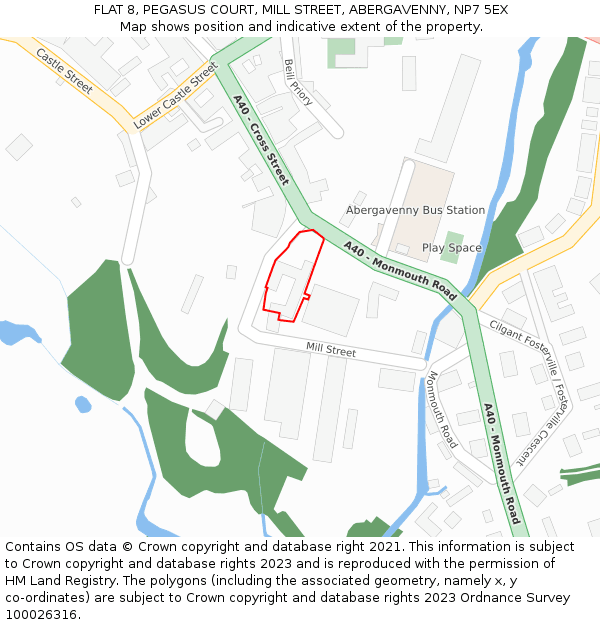 FLAT 8, PEGASUS COURT, MILL STREET, ABERGAVENNY, NP7 5EX: Location map and indicative extent of plot