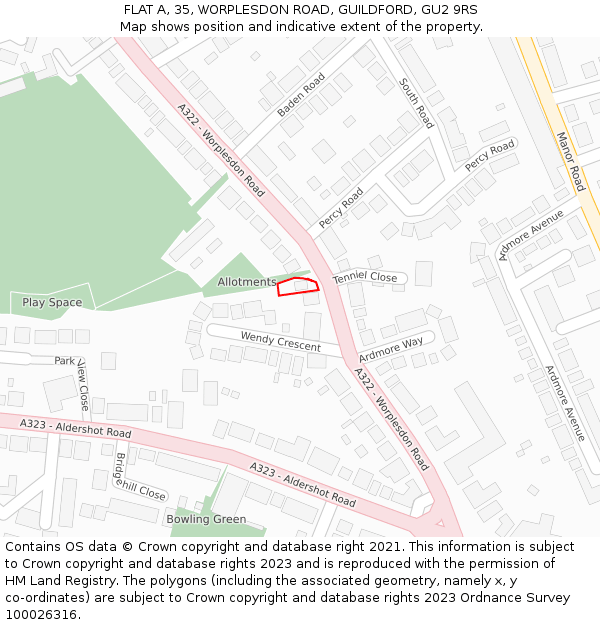 FLAT A, 35, WORPLESDON ROAD, GUILDFORD, GU2 9RS: Location map and indicative extent of plot