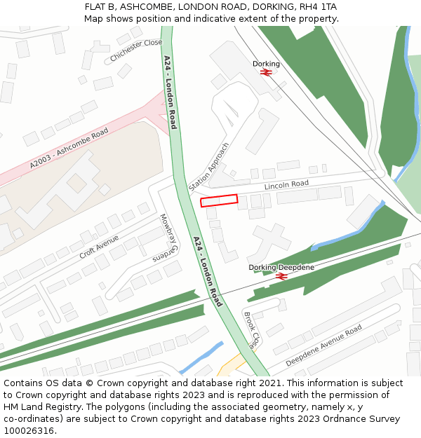 FLAT B, ASHCOMBE, LONDON ROAD, DORKING, RH4 1TA: Location map and indicative extent of plot