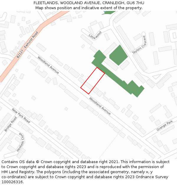 FLEETLANDS, WOODLAND AVENUE, CRANLEIGH, GU6 7HU: Location map and indicative extent of plot