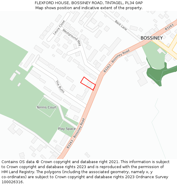 FLEXFORD HOUSE, BOSSINEY ROAD, TINTAGEL, PL34 0AP: Location map and indicative extent of plot