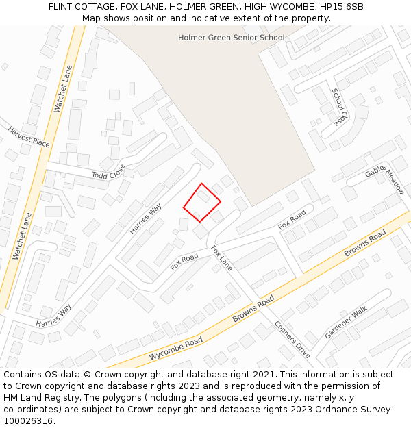 FLINT COTTAGE, FOX LANE, HOLMER GREEN, HIGH WYCOMBE, HP15 6SB: Location map and indicative extent of plot