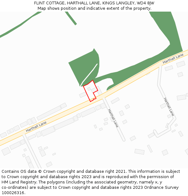 FLINT COTTAGE, HARTHALL LANE, KINGS LANGLEY, WD4 8JW: Location map and indicative extent of plot