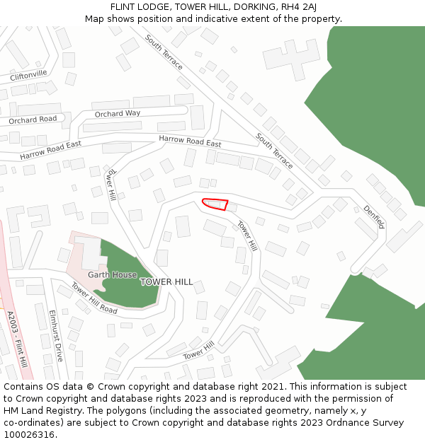 FLINT LODGE, TOWER HILL, DORKING, RH4 2AJ: Location map and indicative extent of plot